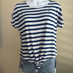 FRAME 100% Linen Relaxed‎ Tie Front Top Sz XS White Blue Stripe Short Sleeves